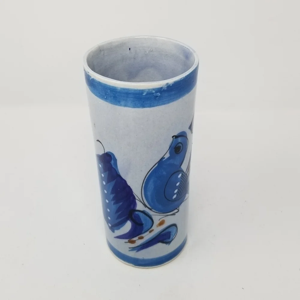 Ken Edwards Tonala Mexican Folk Art Pottery Vase Glazed Tumbler Bird Blue Floral